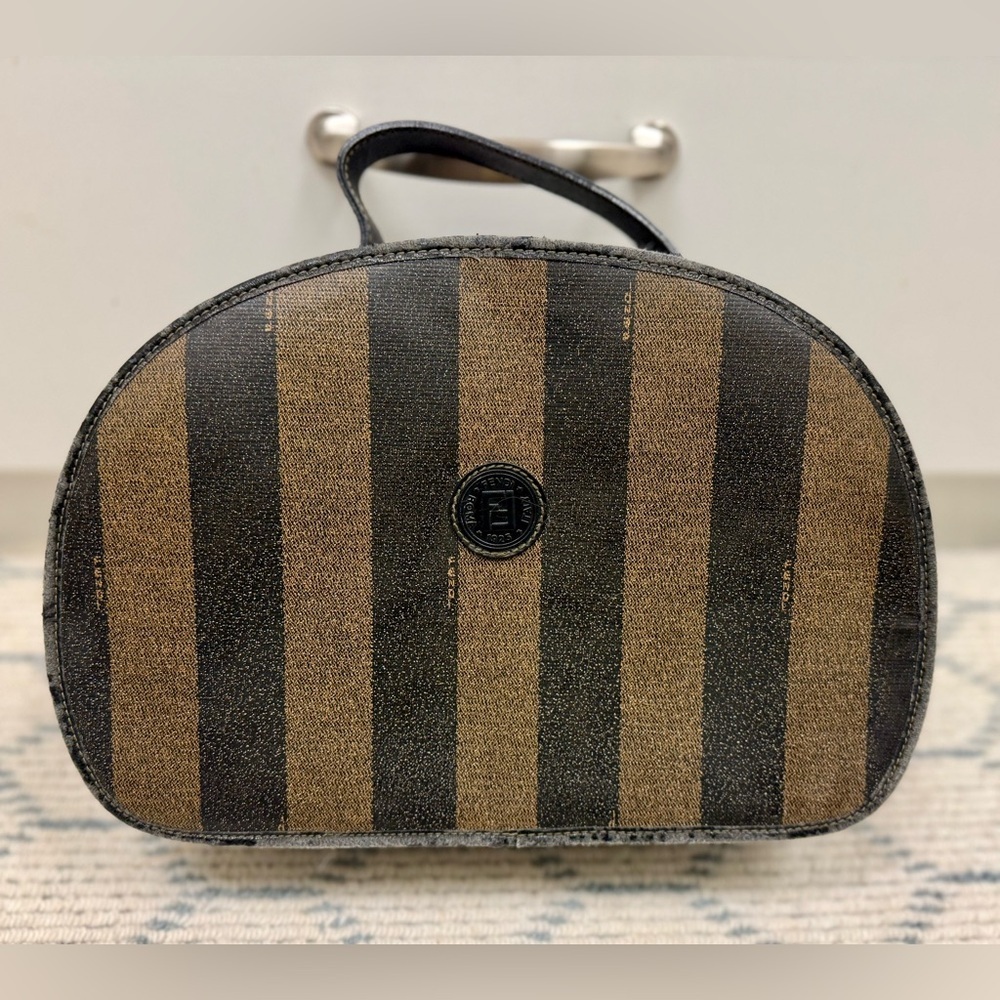 FENDI Vintage Pequin Stripe Brown Black Coated Canvas Vanity Case Cosmetic Bag - Picture 9 of 16